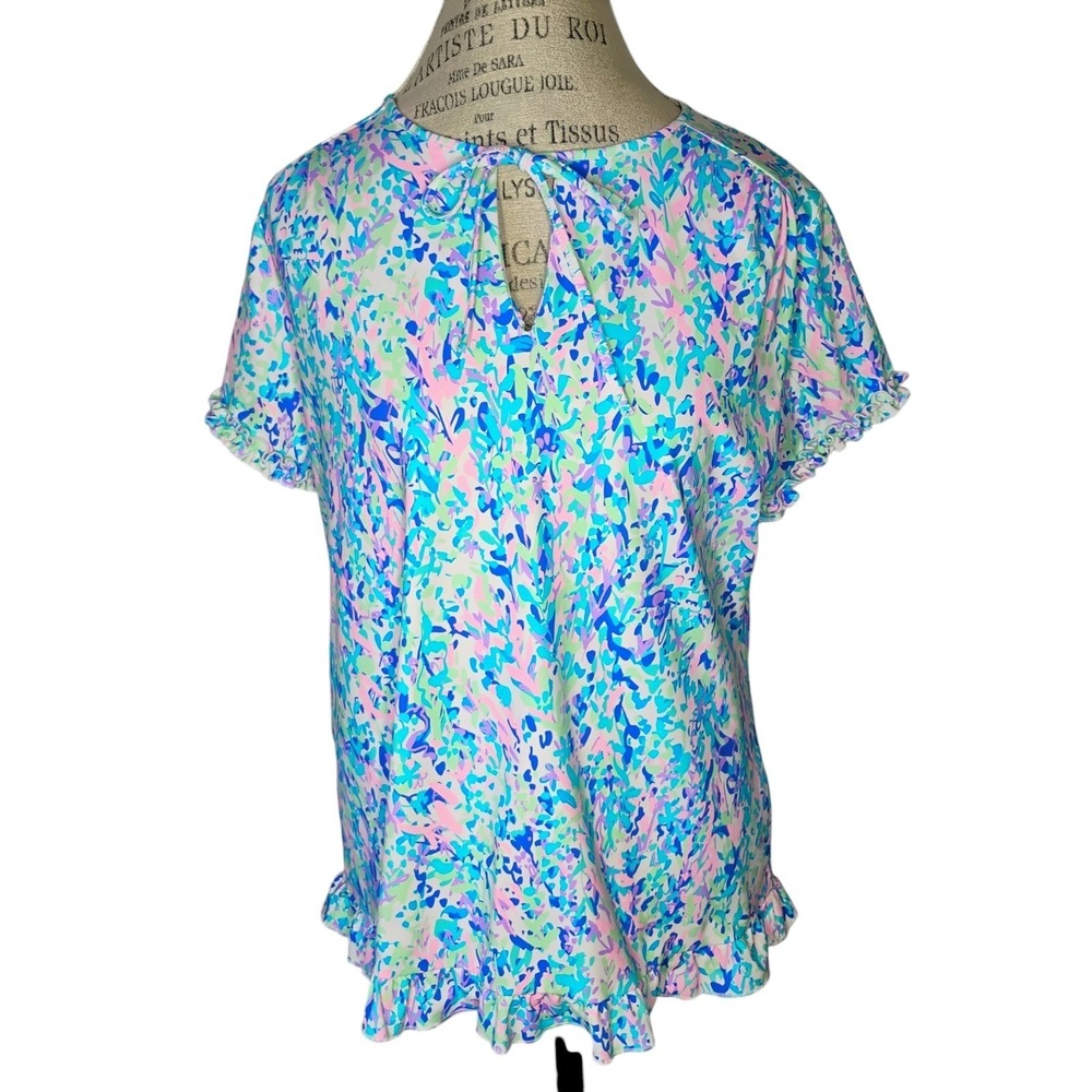 Lulu-B Short Sleeve Top Black Women's Lg UPF 50 Cooling Stretch Travel Ruffle